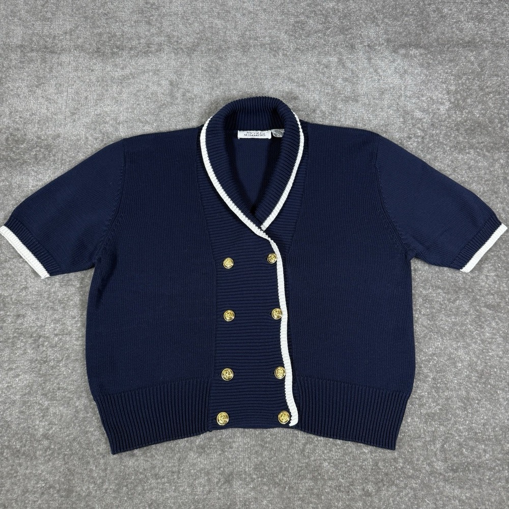 VTG Nicole Summers Cardigan Women's‎ L Blue Short Sleeve Gold Buttons Old Money